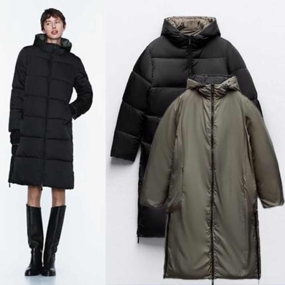 Zara Reversible Long Puffer Coat Black Olive Hooded S NWOT
